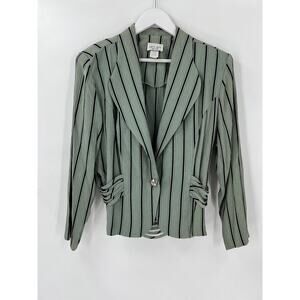 Dress Savvy Vintage Blazer Womens 16P Green/Blue Black Striped Jacket Ruffles